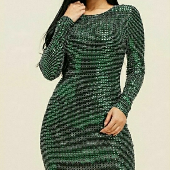 Long Sleeve Green Black Metallic Formal Midi Party Dress - Picture 1 of 4